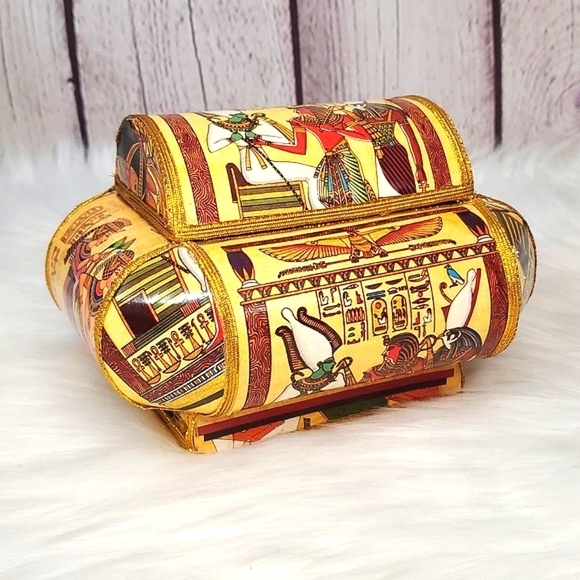 Vintage 90s Egyptian Pharaoh Cleopatra Hieroglyphics Paper Material Trinket Box - Picture 3 of 17